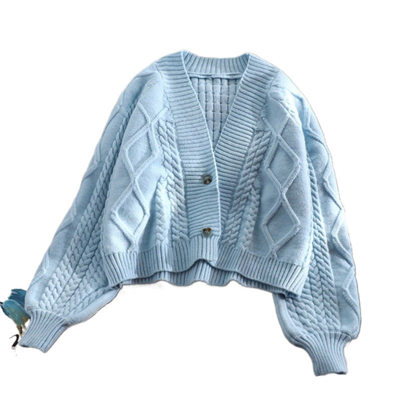 Short knitted cardigan for women in autumn loose and lazy style lantern sleeve top sweater jacket