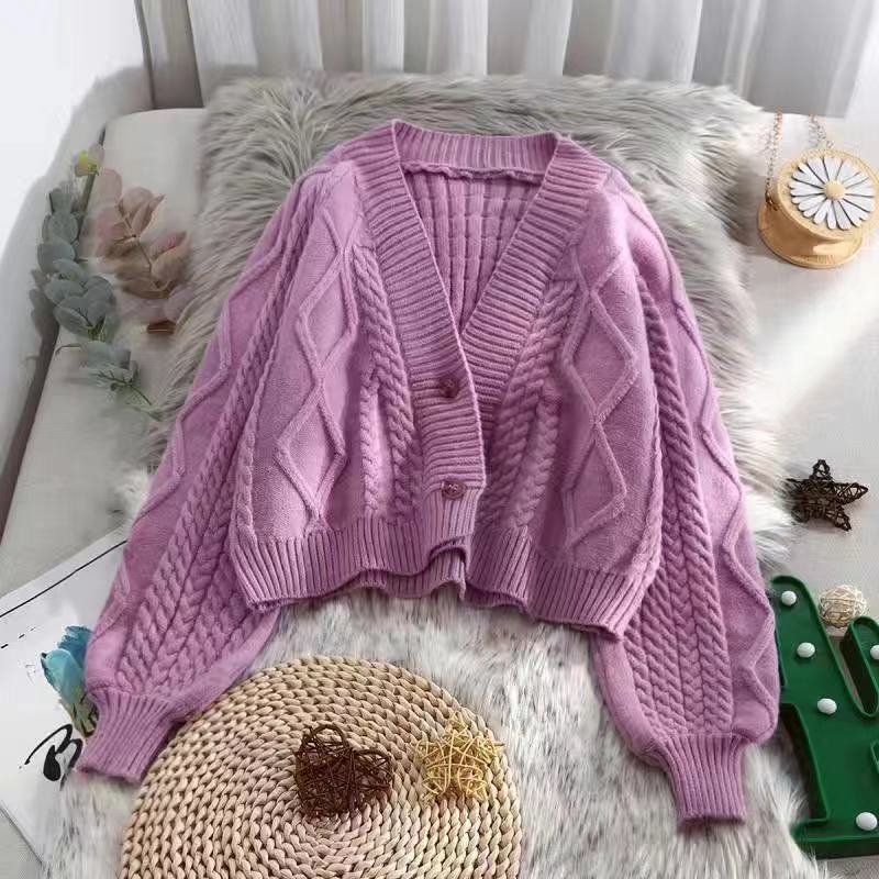 Short knitted cardigan for women in autumn loose and lazy style lantern sleeve top sweater jacket