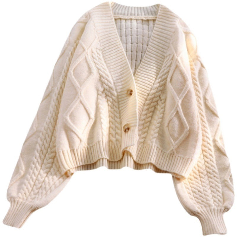 Short knitted cardigan for women in autumn loose and lazy style lantern sleeve top sweater jacket