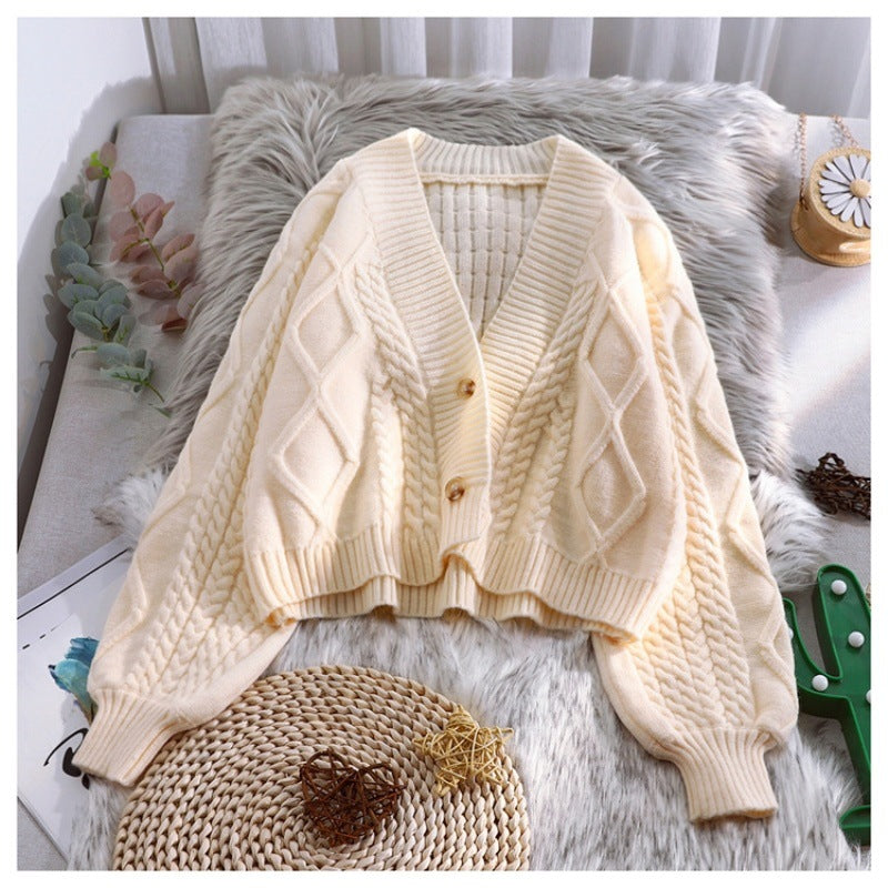 Short knitted cardigan for women in autumn loose and lazy style lantern sleeve top sweater jacket